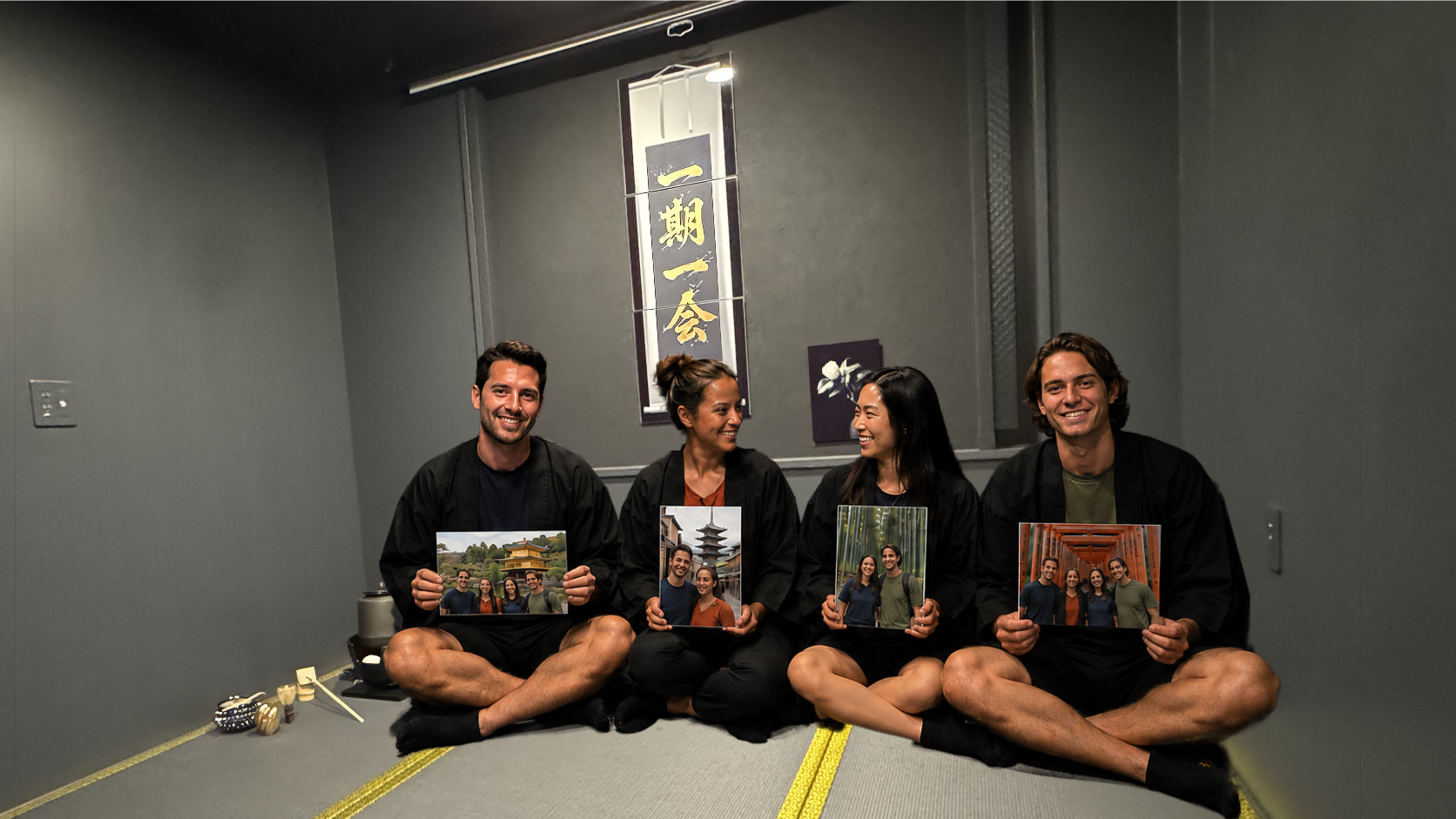 A small group holding their finished A4 metal artworks inside the Black Matcha Room Studio