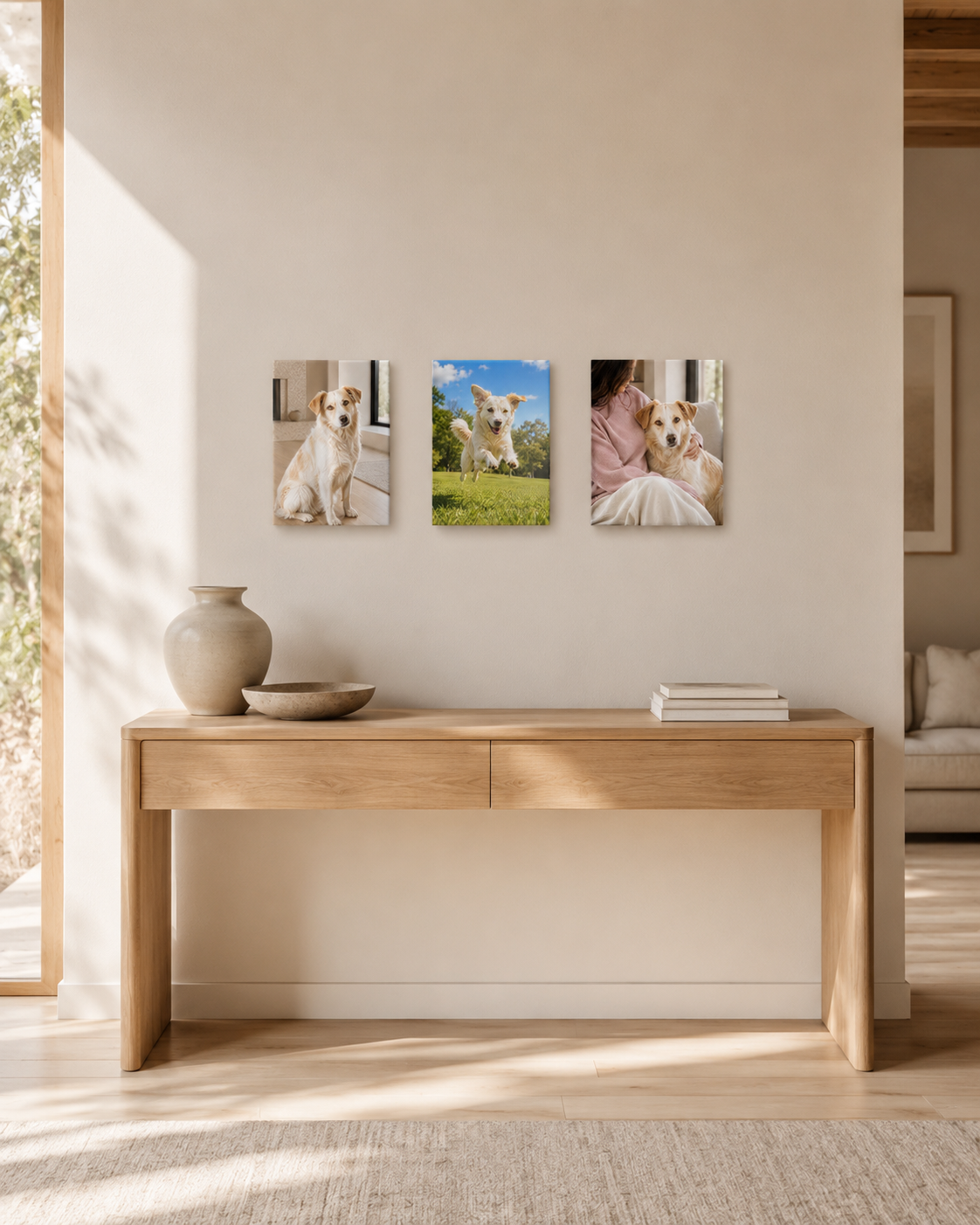 Three pet metal artworks displayed as one series