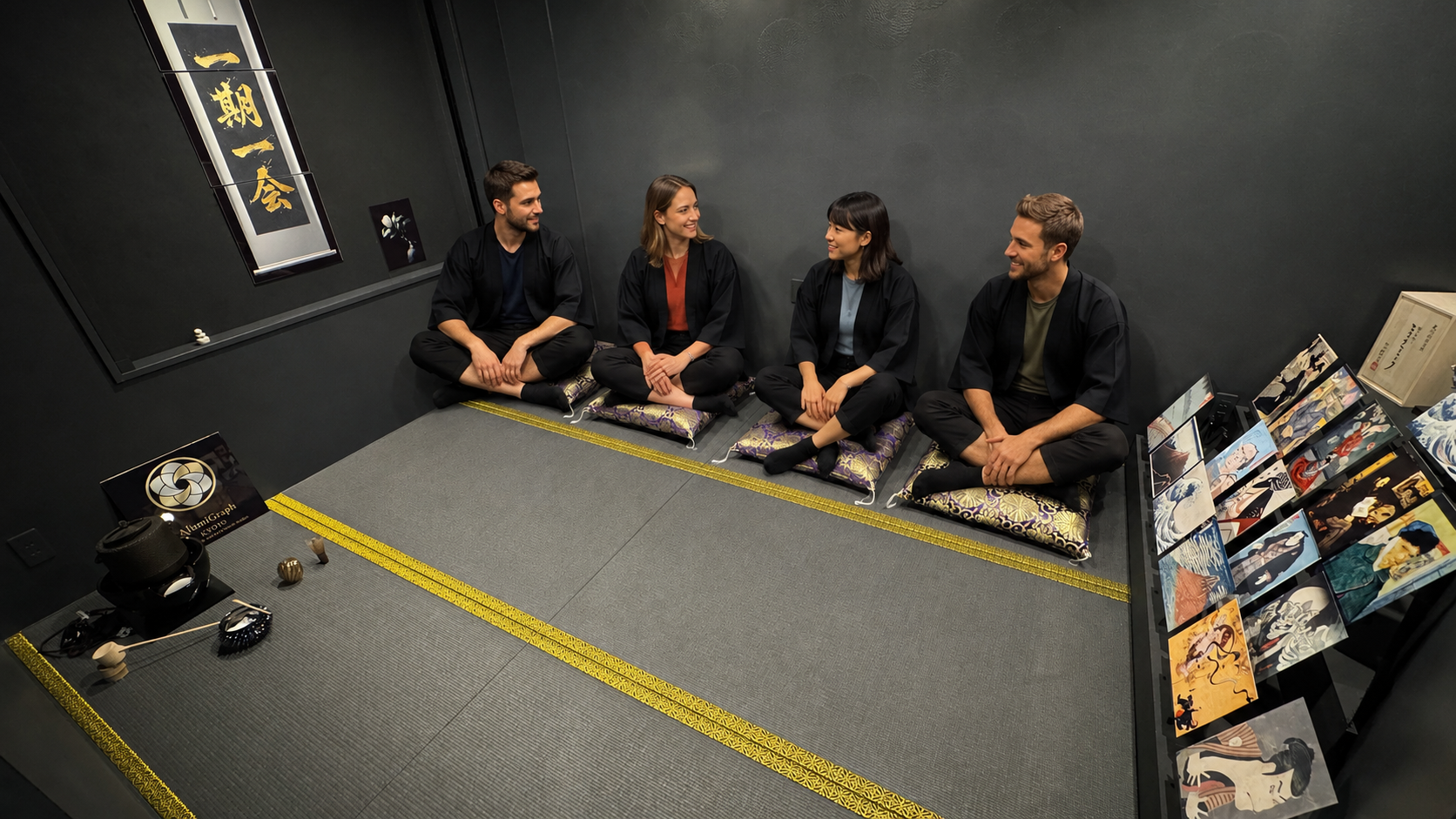 Guests seated on floor cushions inside the black-tatami studio