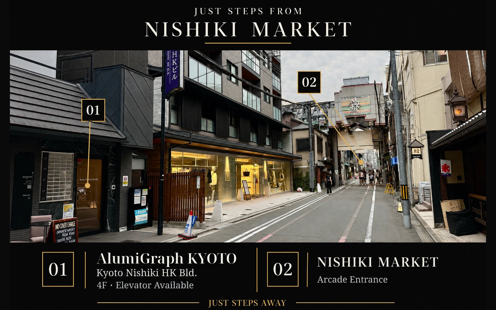AlumiGraph KYOTOの入口と近くの錦市場商店街入口が見える通りの風景