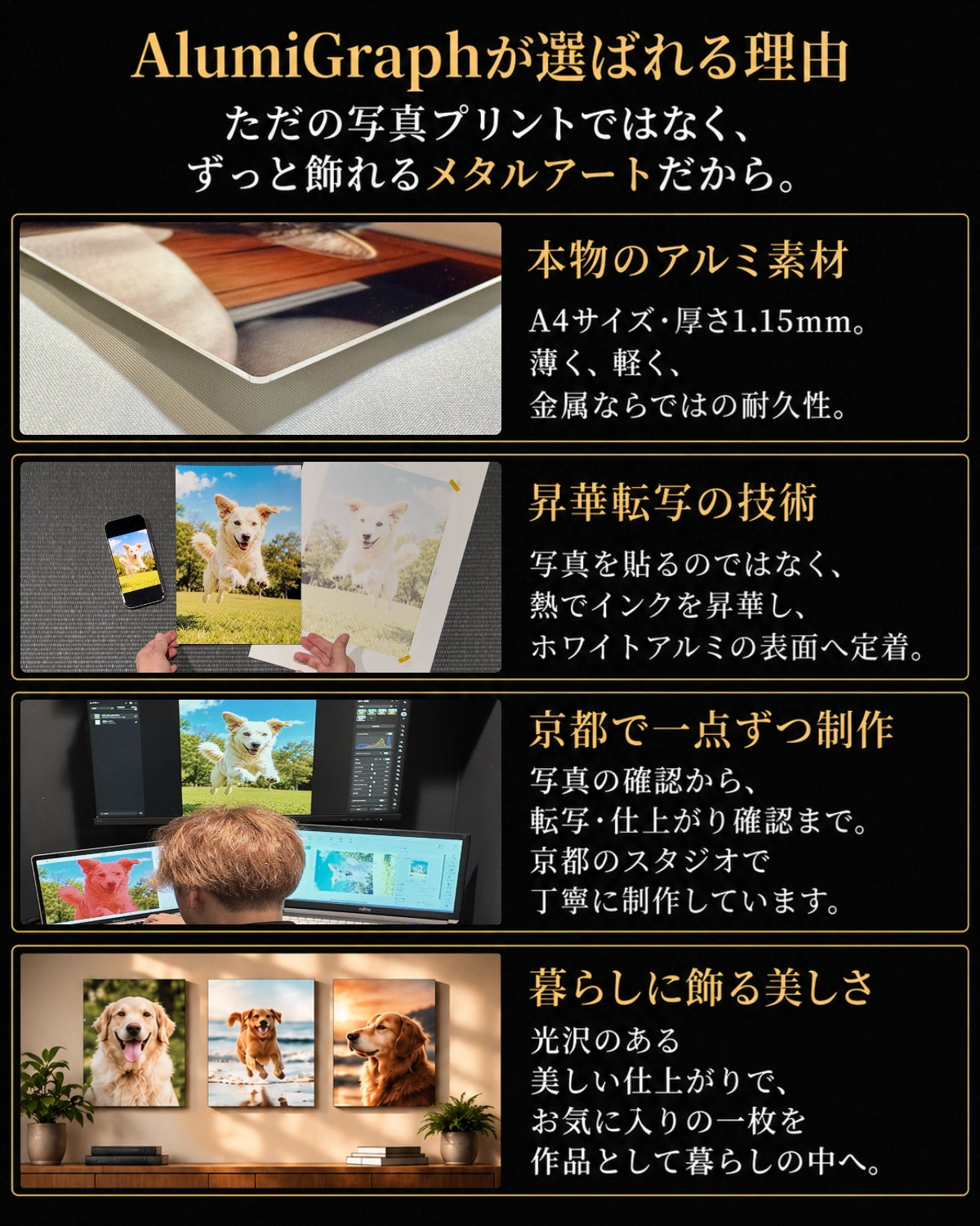 AlumiGraphが選ばれる理由。本物のアルミ素材、昇華転写の技術、京都で一点ずつ制作、暮らしに飾る美しさ。