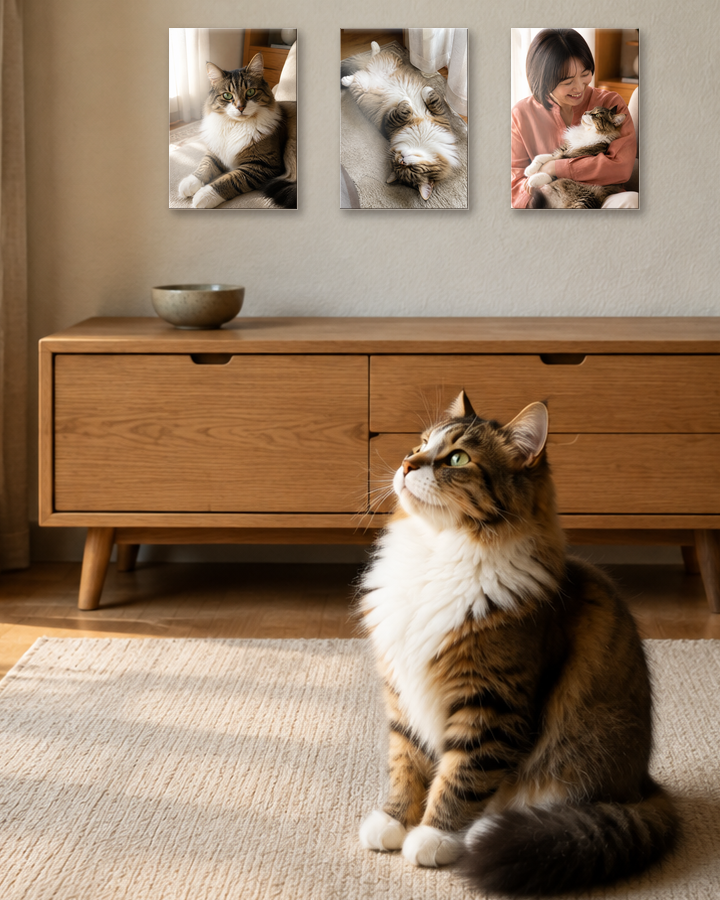 Three cat metal artworks displayed together