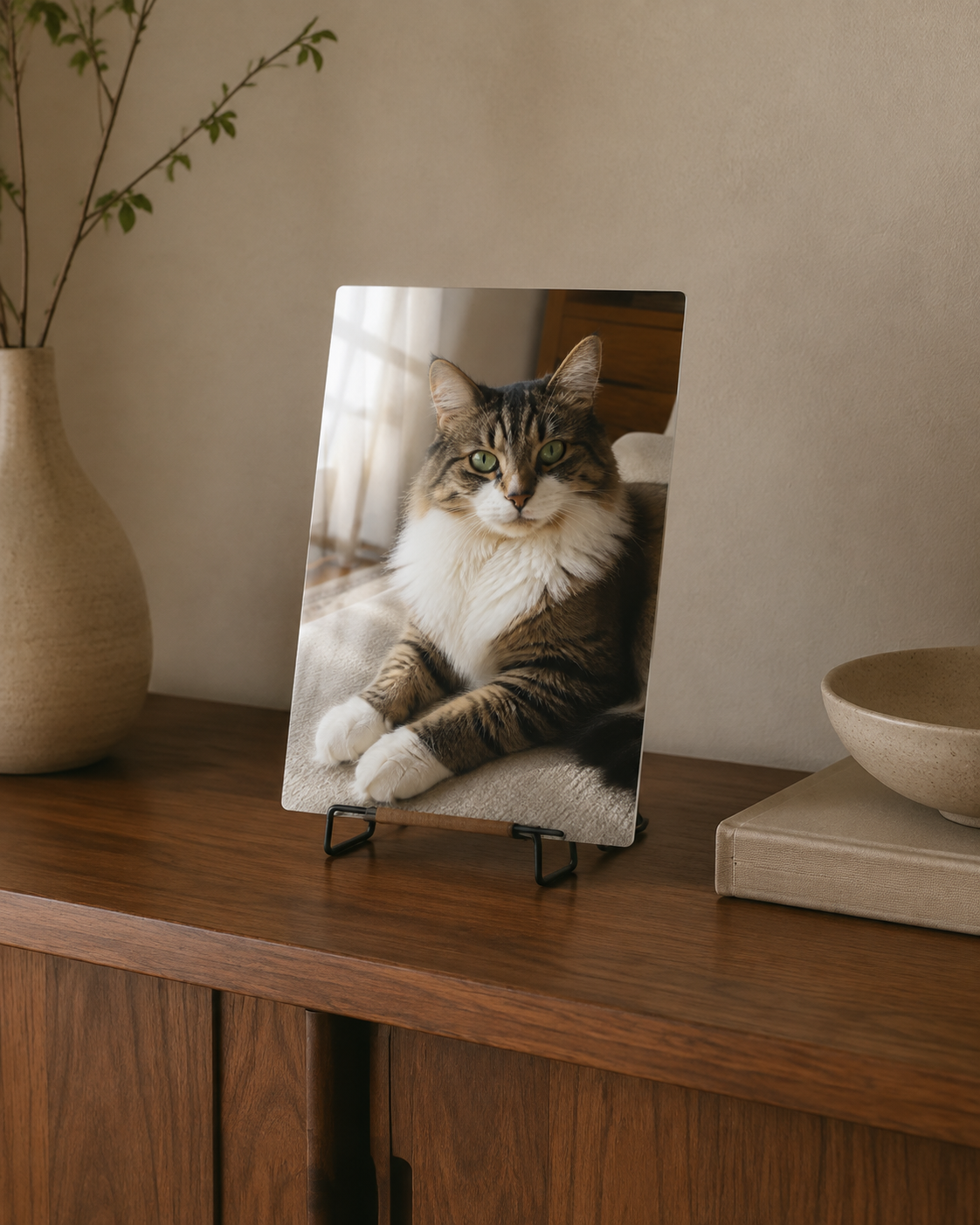 A cat metal artwork displayed on a tabletop easel