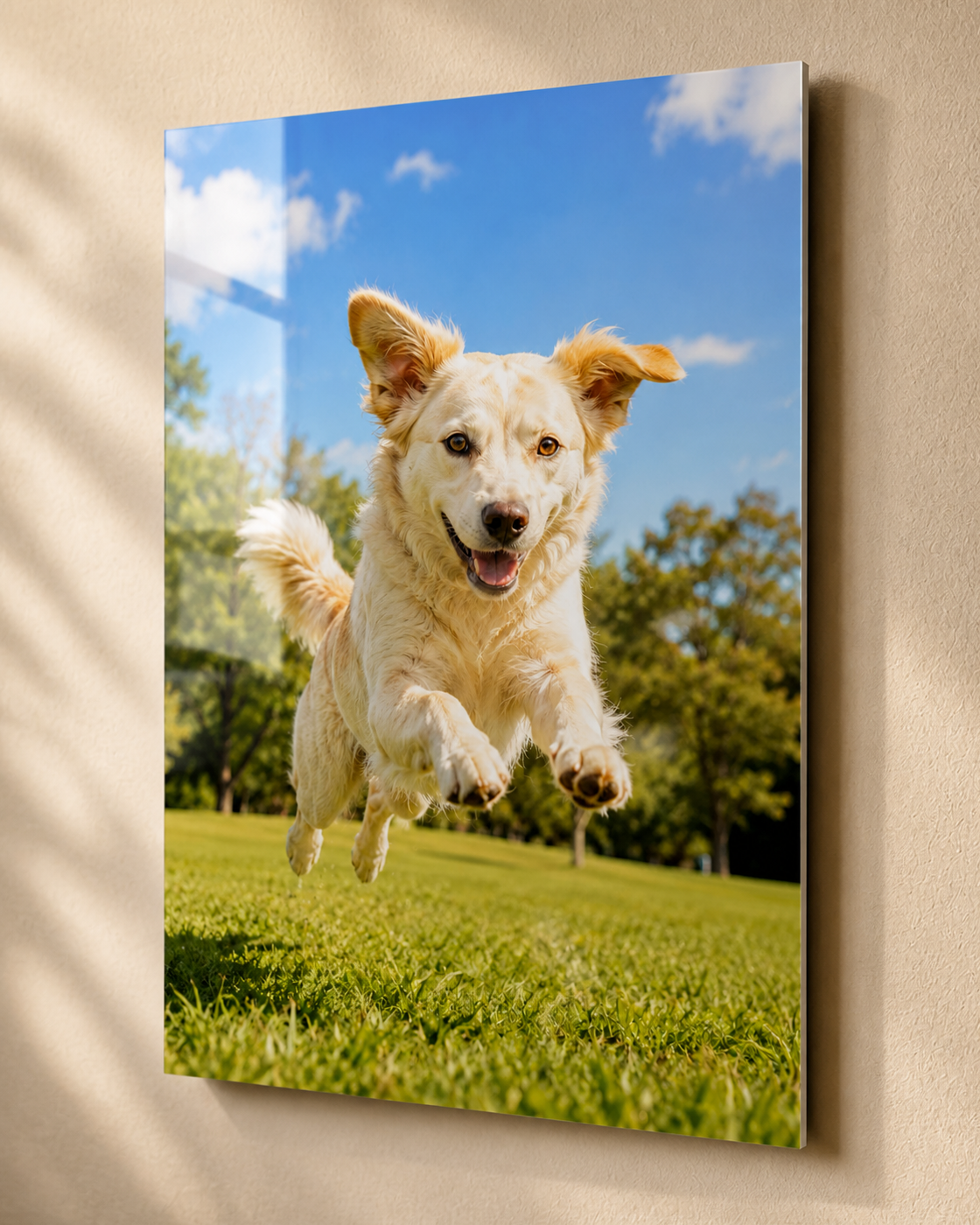 Dog in motion beside a finished metal artwork