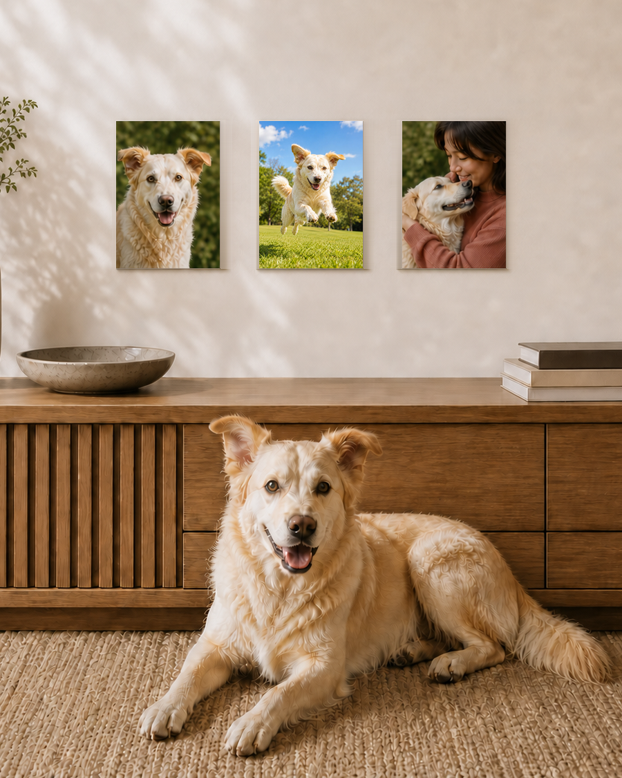 Three dog metal artworks displayed together
